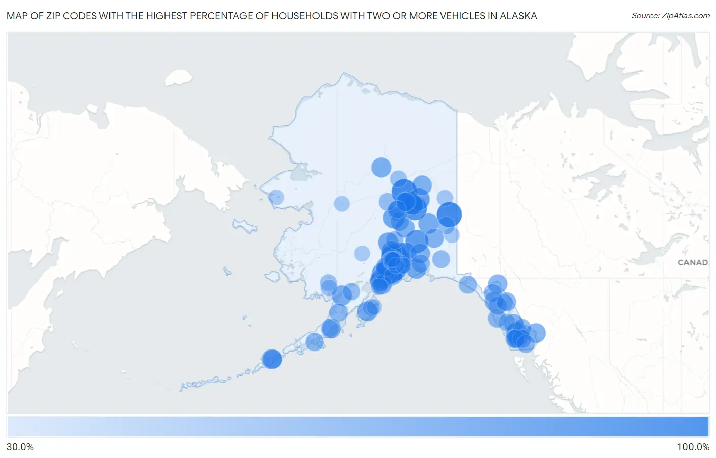 Zip Codes with the Highest Percentage of Households With Two or more Vehicles in Alaska Map