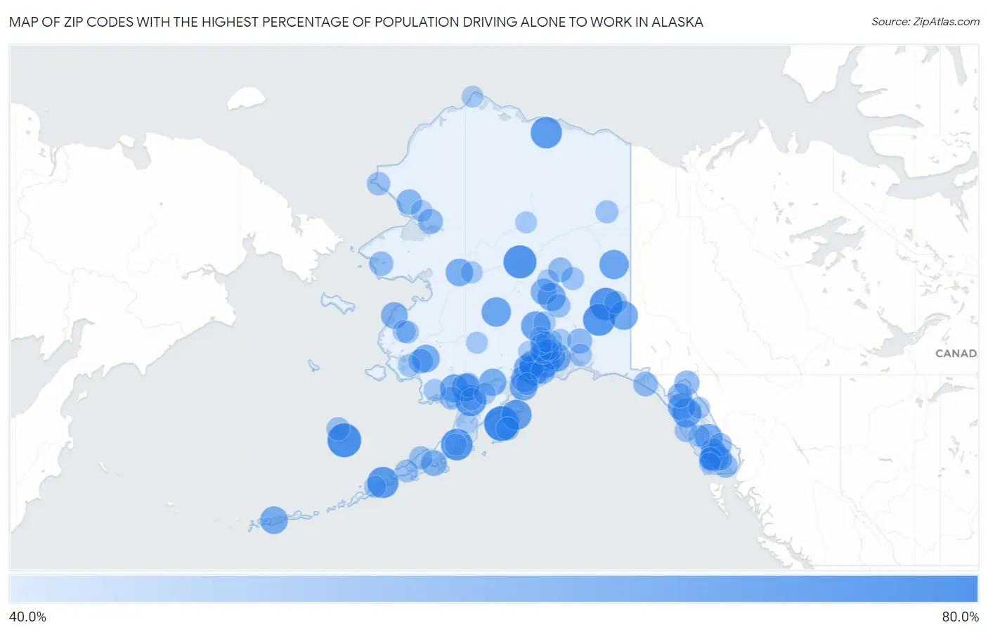 Zip Codes with the Highest Percentage of Population Driving Alone to Work in Alaska Map
