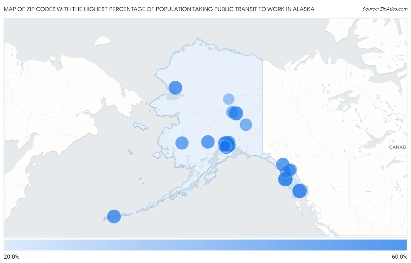 Zip Codes with the Highest Percentage of Population Taking Public Transit to Work in Alaska Map