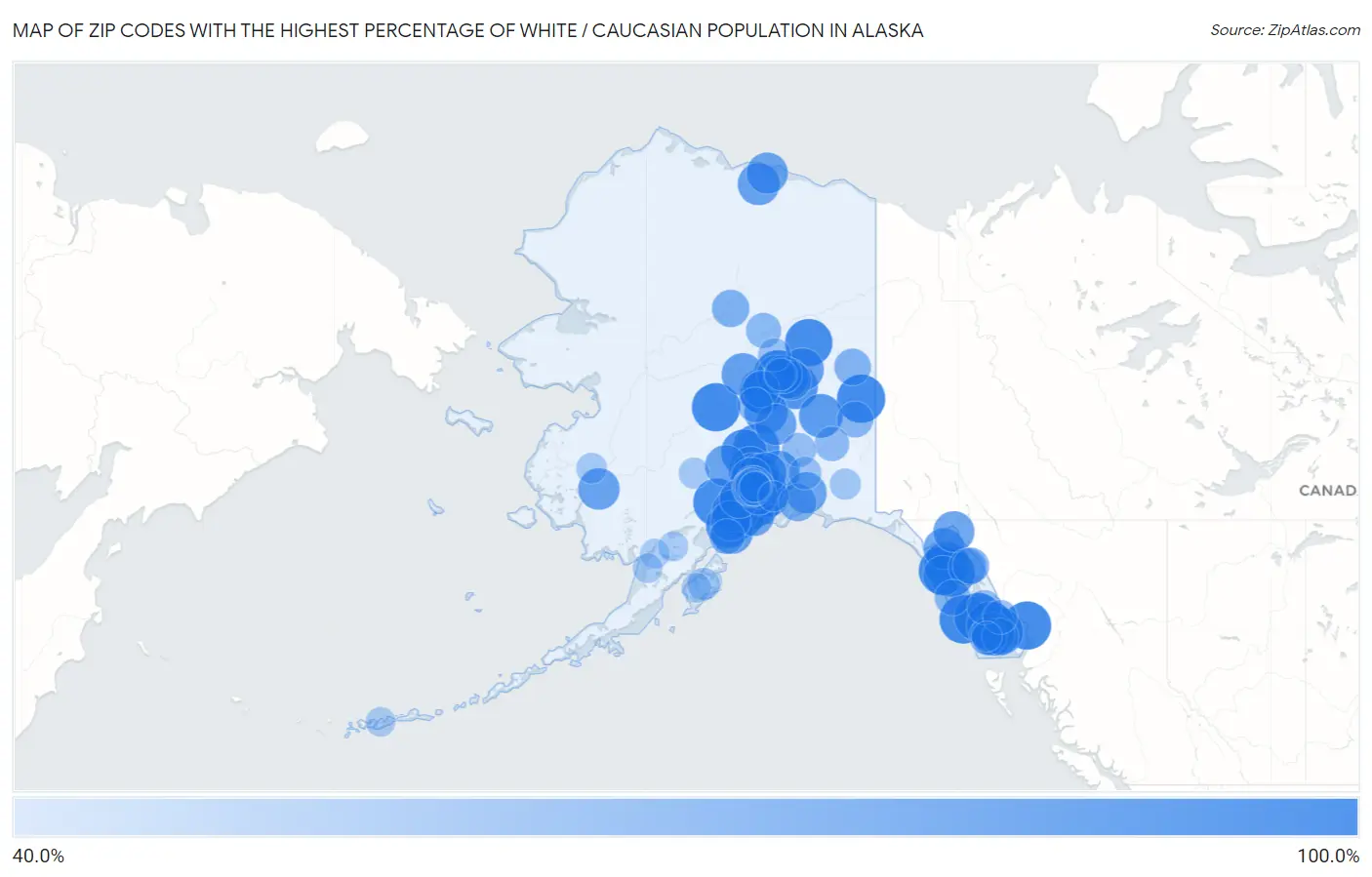 Zip Codes with the Highest Percentage of White / Caucasian Population in Alaska Map
