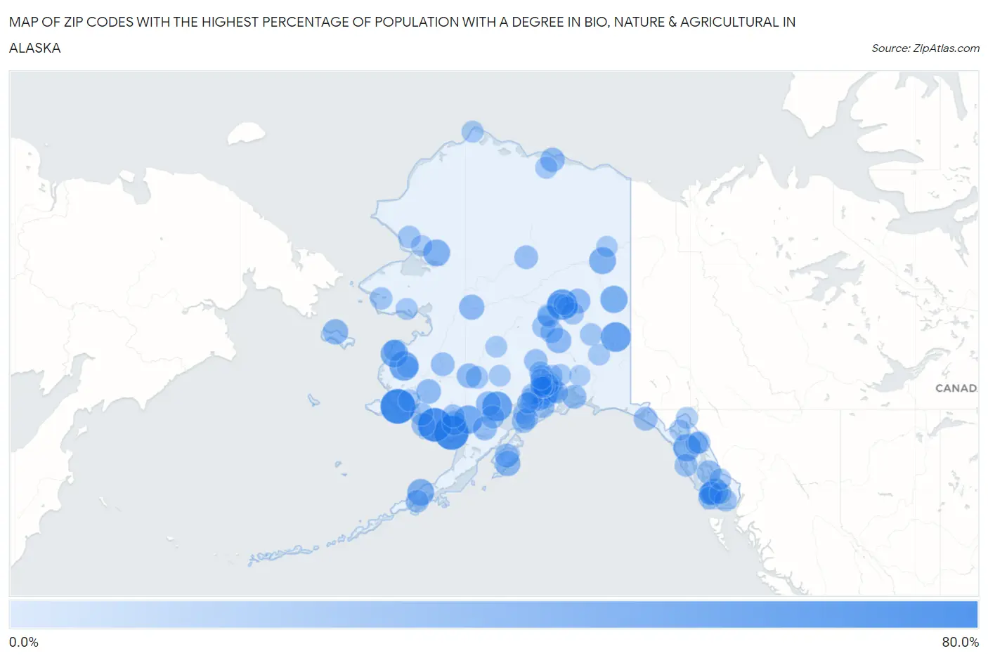 Zip Codes with the Highest Percentage of Population with a Degree in Bio, Nature & Agricultural in Alaska Map