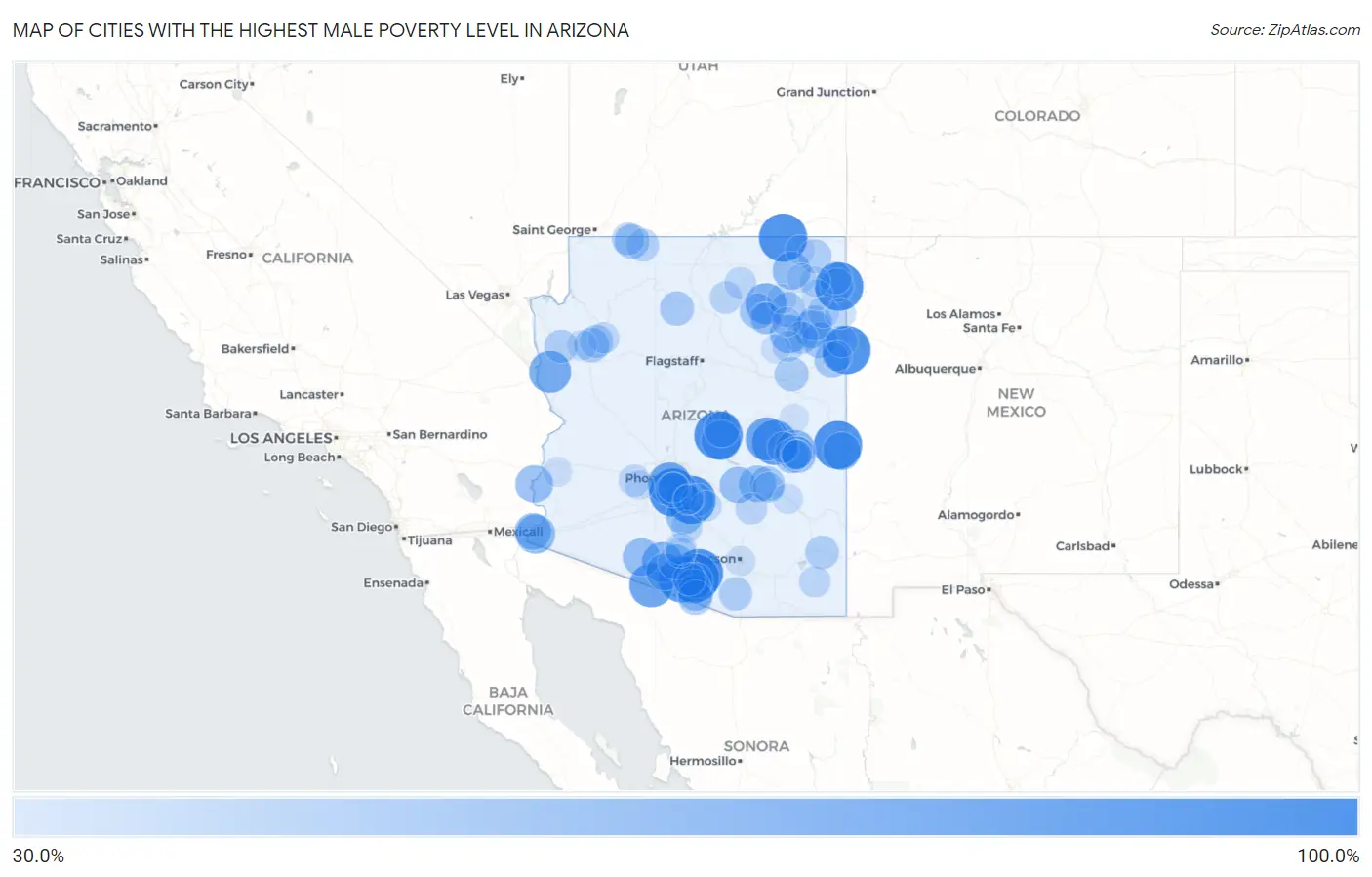 Cities with the Highest Male Poverty Level in Arizona Map