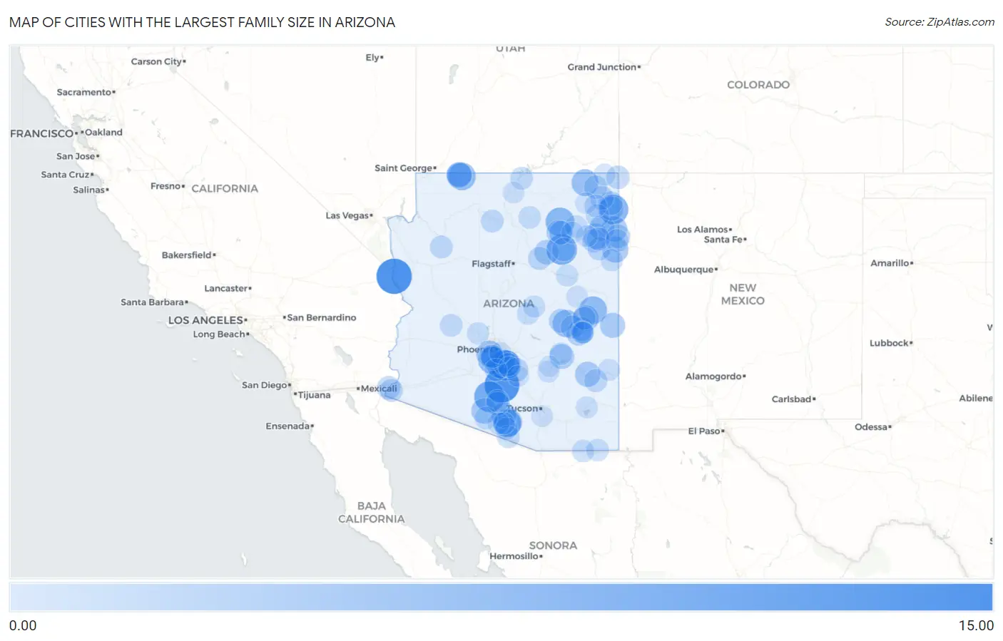 Cities with the Largest Family Size in Arizona Map