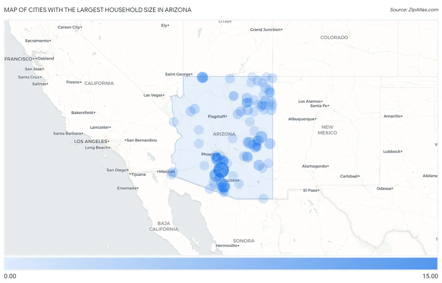 Cities with the Largest Household Size in Arizona Map