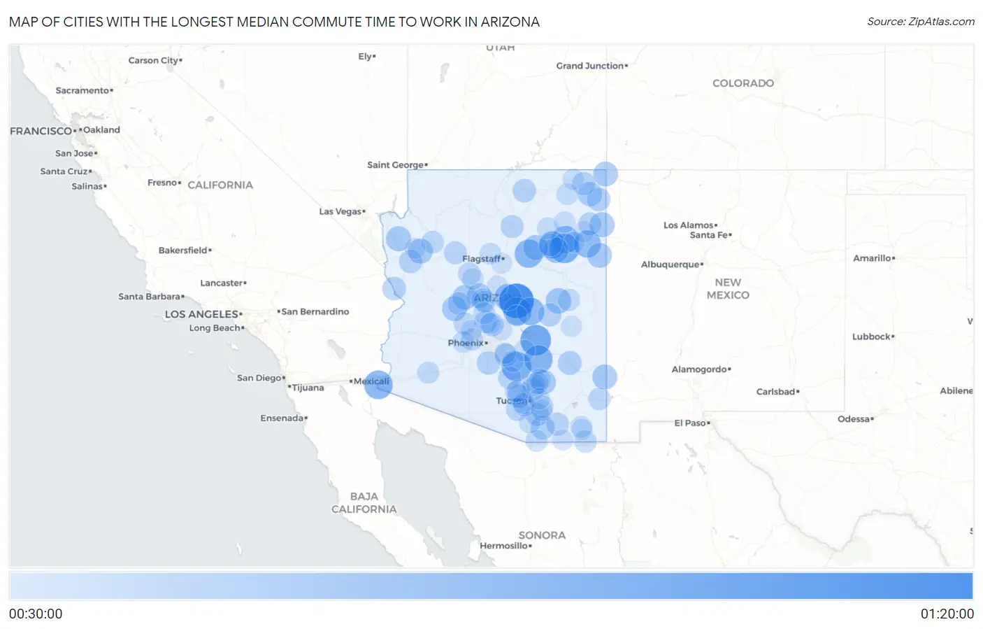Cities with the Longest Median Commute Time to Work in Arizona Map