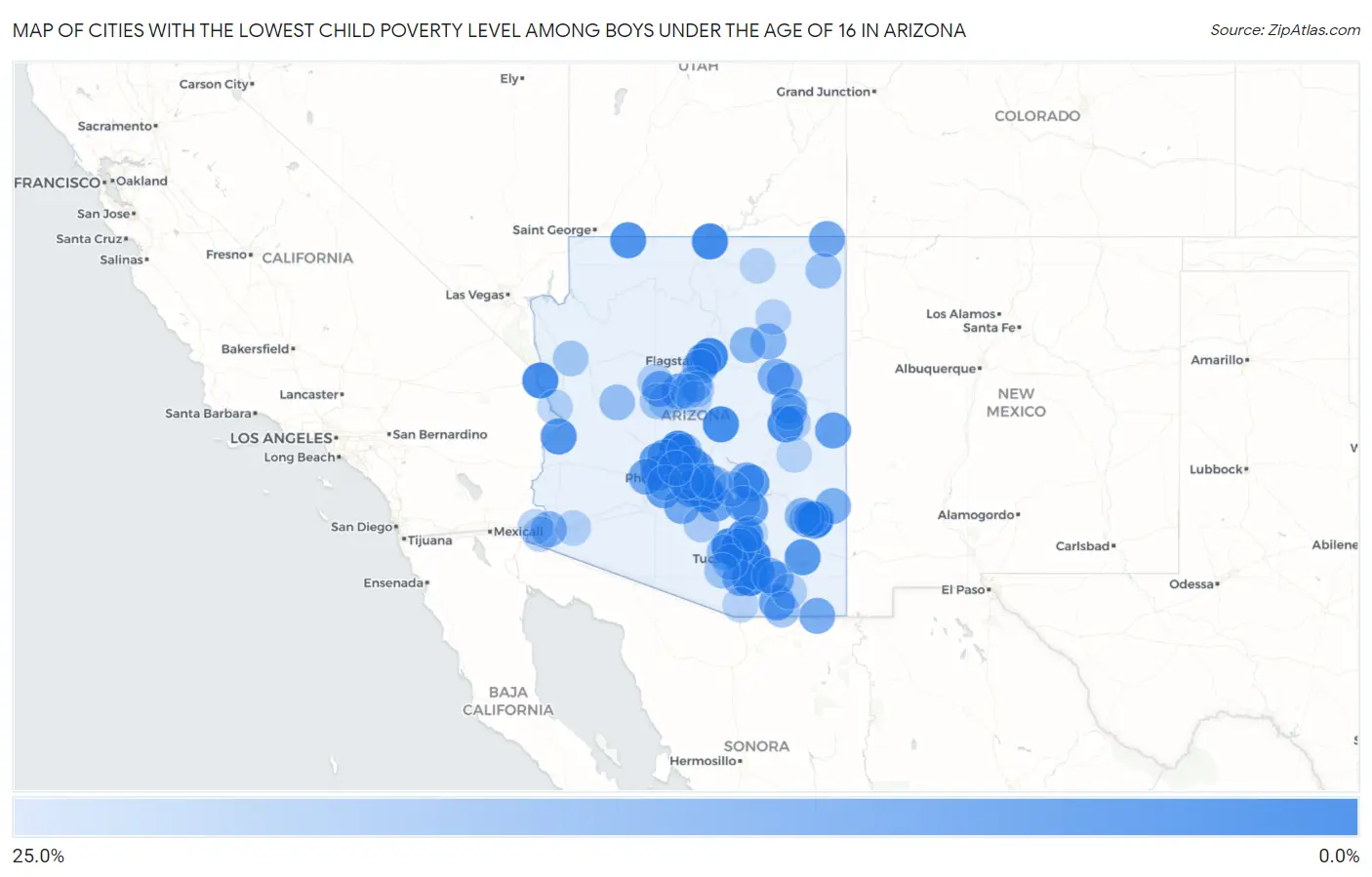 Cities with the Lowest Child Poverty Level Among Boys Under the Age of 16 in Arizona Map