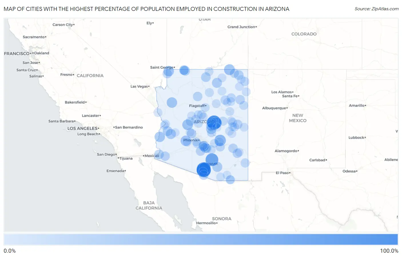 Cities with the Highest Percentage of Population Employed in Construction in Arizona Map