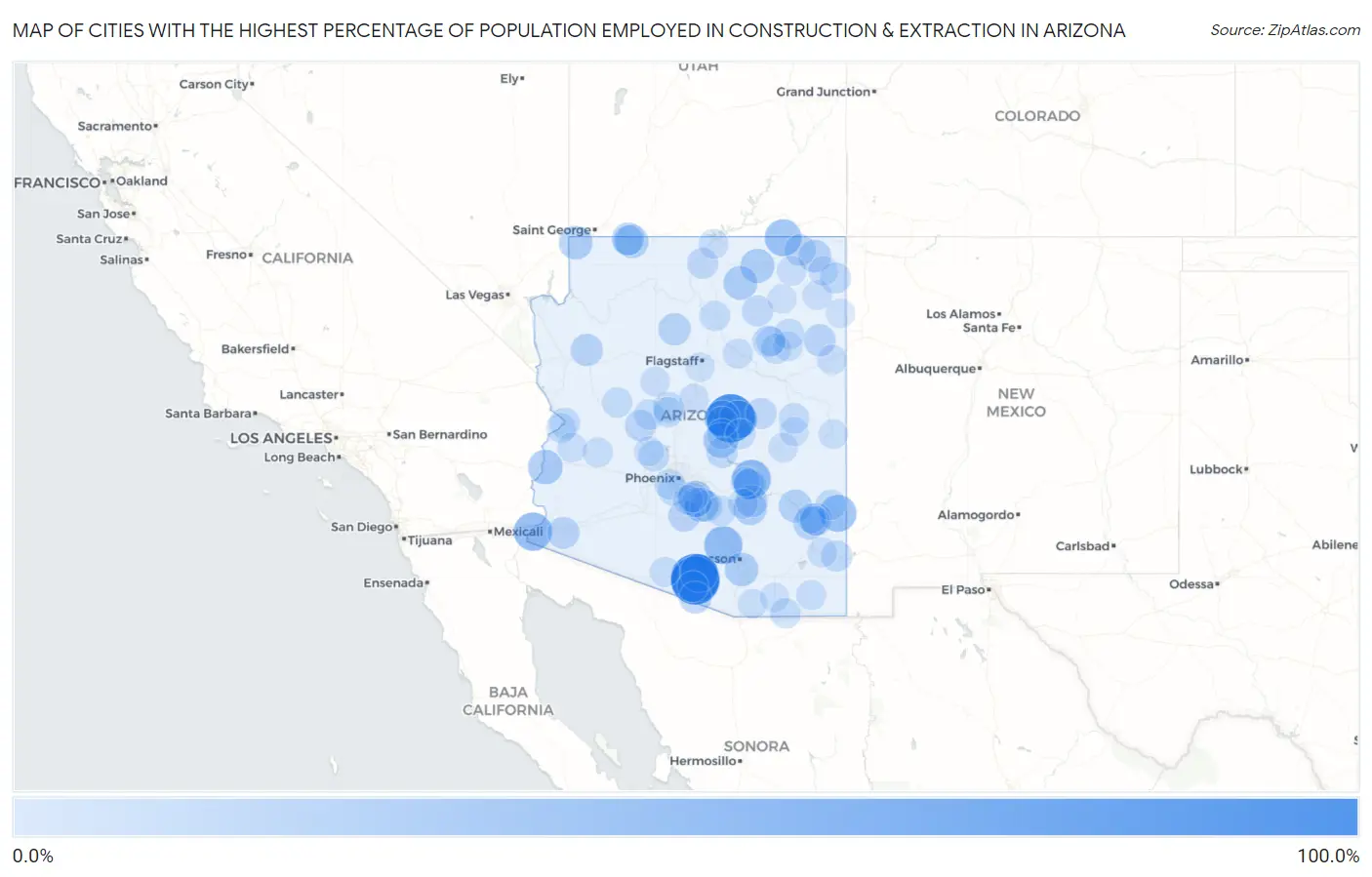 Cities with the Highest Percentage of Population Employed in Construction & Extraction in Arizona Map
