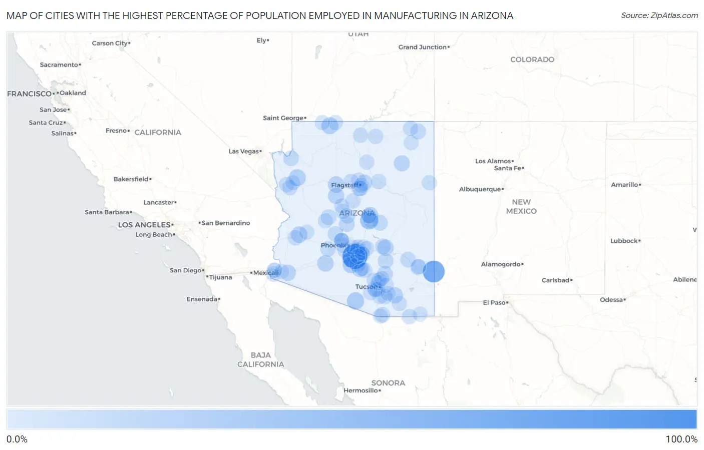 Cities with the Highest Percentage of Population Employed in Manufacturing in Arizona Map