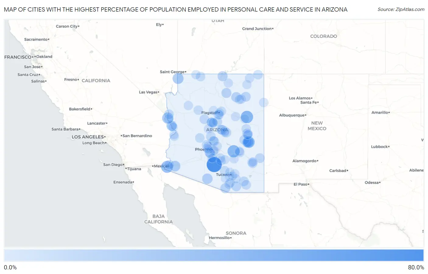 Cities with the Highest Percentage of Population Employed in Personal Care and Service in Arizona Map