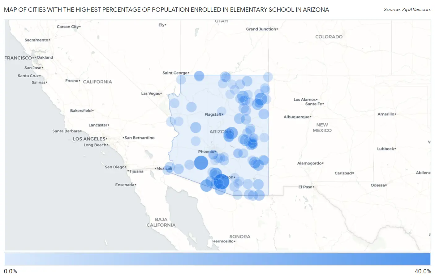 Cities with the Highest Percentage of Population Enrolled in Elementary School in Arizona Map