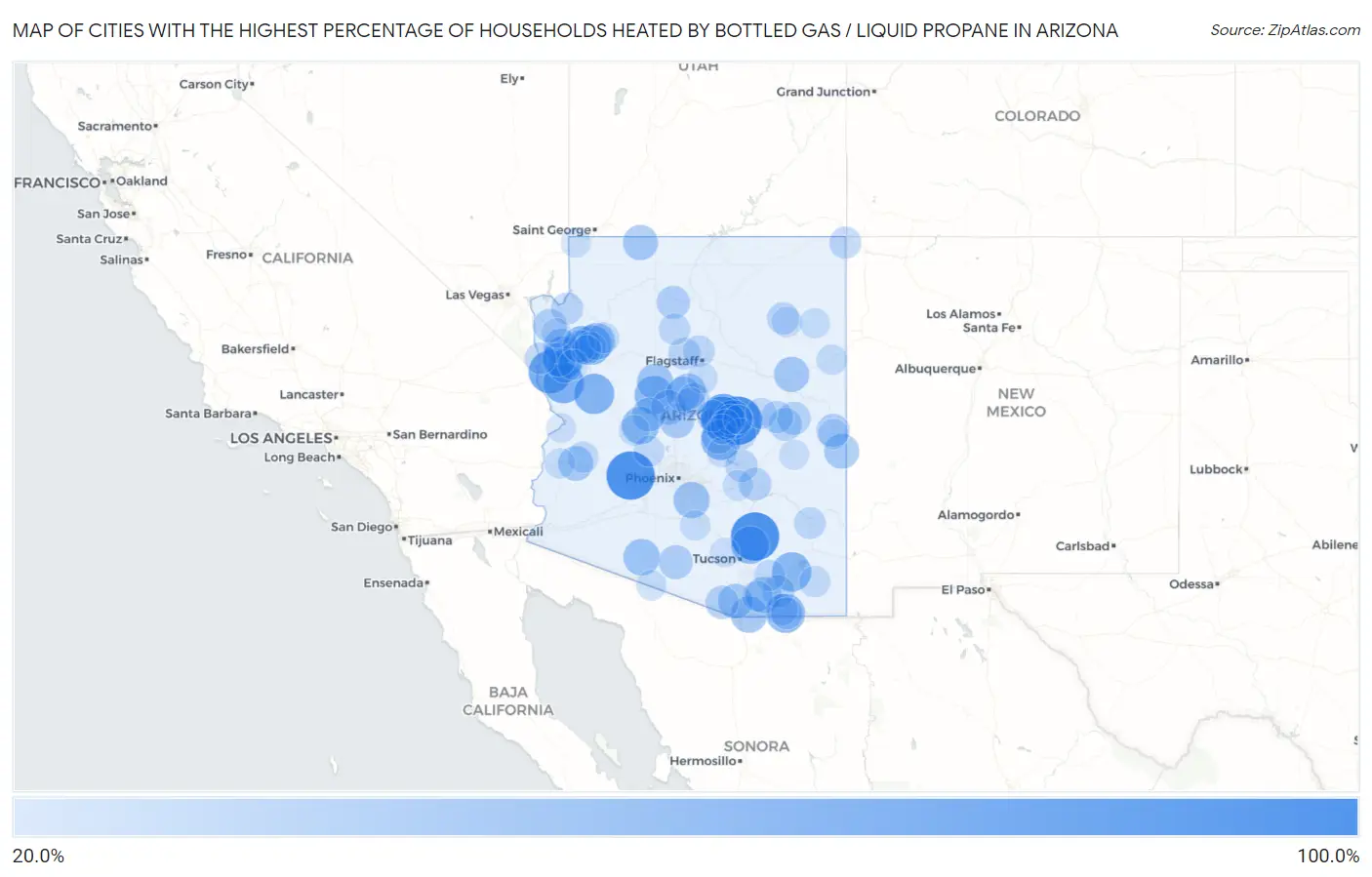 Cities with the Highest Percentage of Households Heated by Bottled Gas / Liquid Propane in Arizona Map