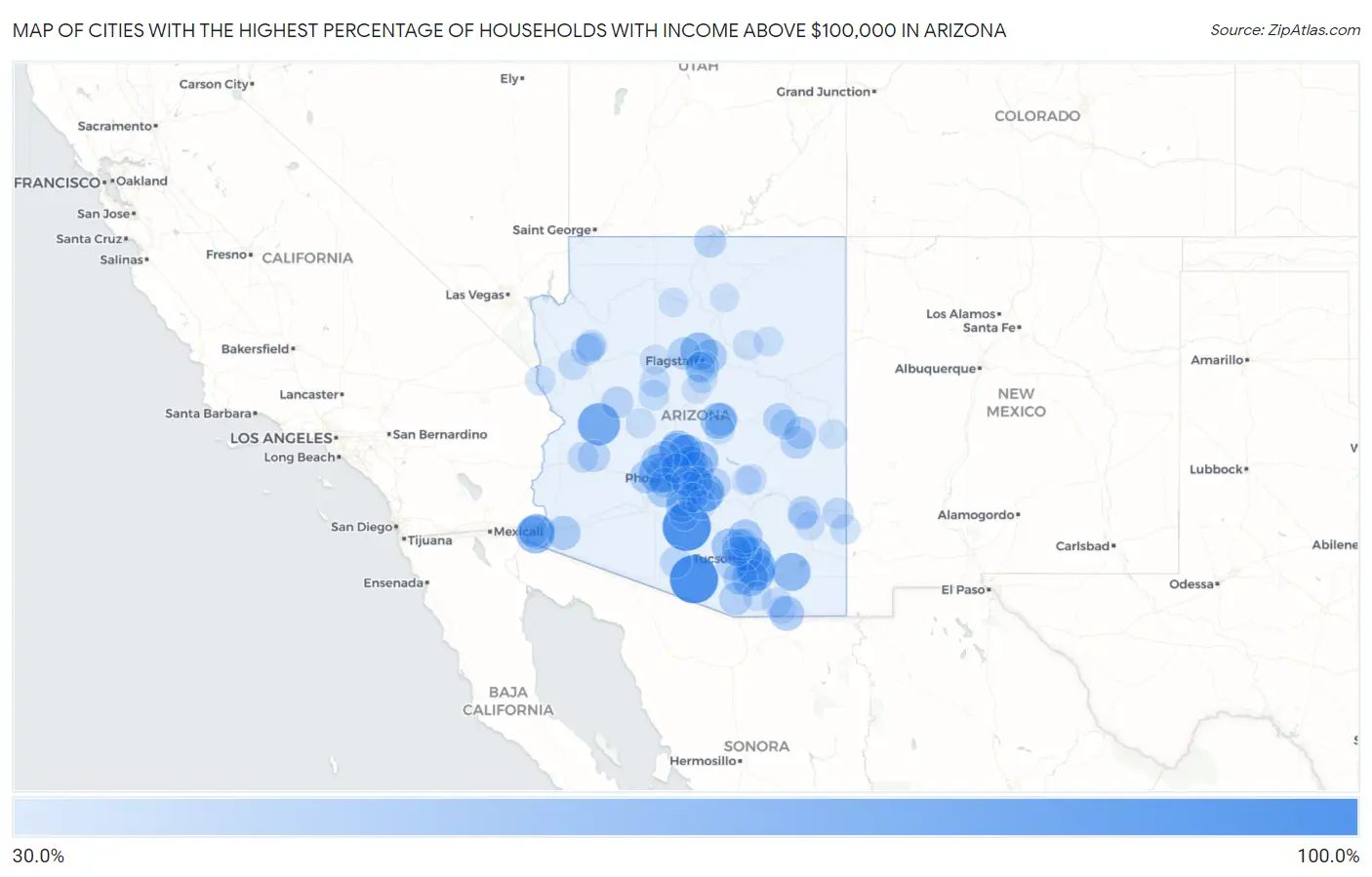 Cities with the Highest Percentage of Households with Income Above $100,000 in Arizona Map