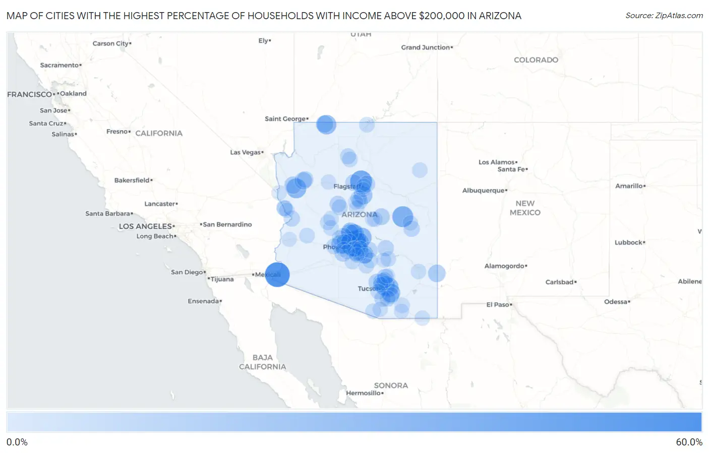 Cities with the Highest Percentage of Households with Income Above $200,000 in Arizona Map