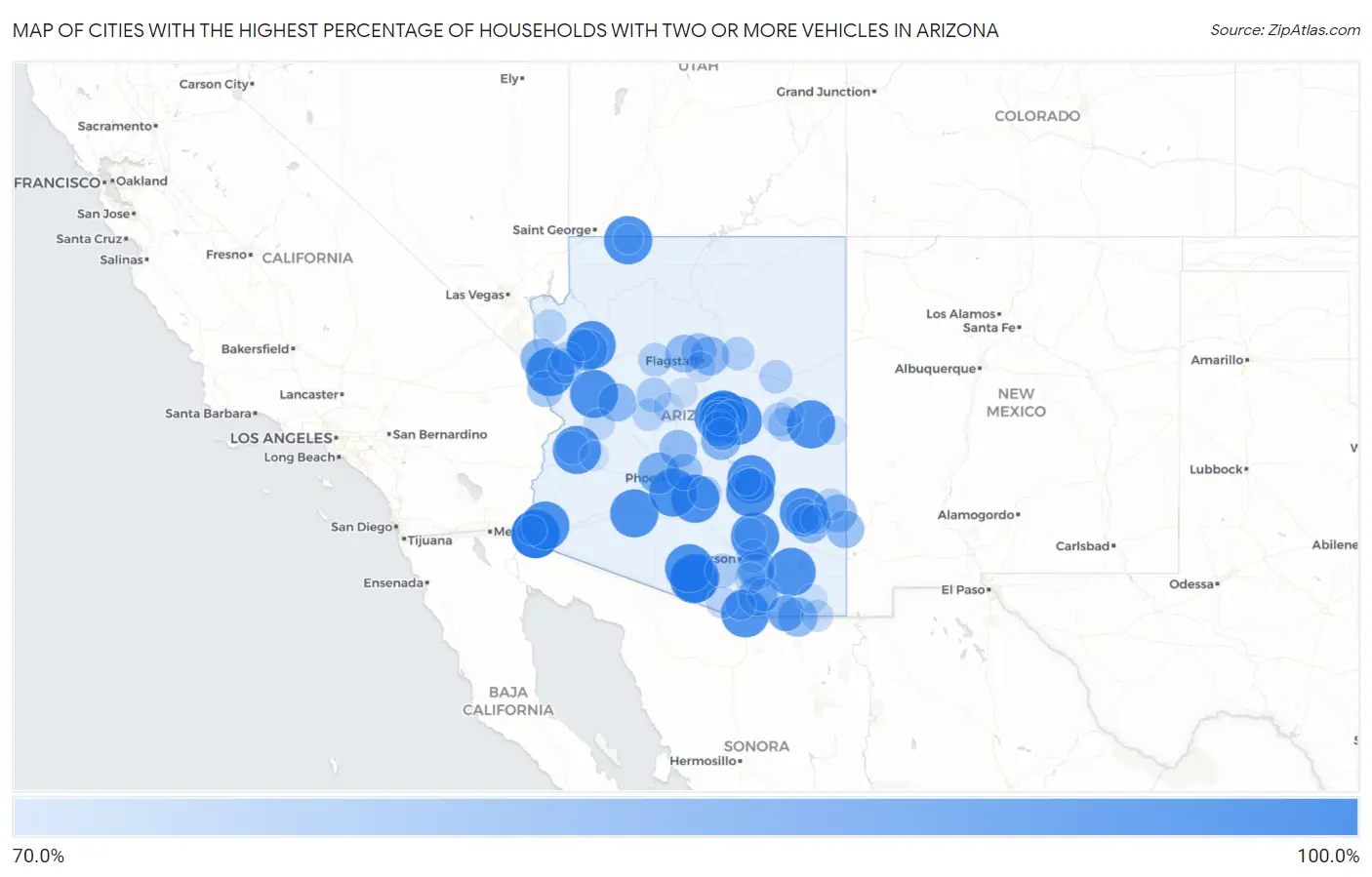 Cities with the Highest Percentage of Households With Two or more Vehicles in Arizona Map