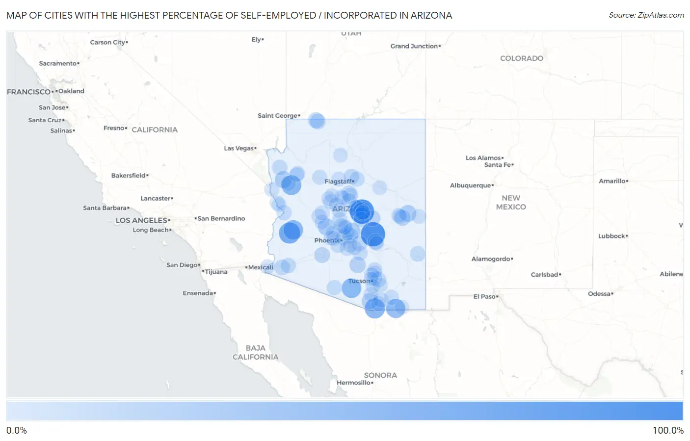 Cities with the Highest Percentage of Self-Employed / Incorporated in Arizona Map