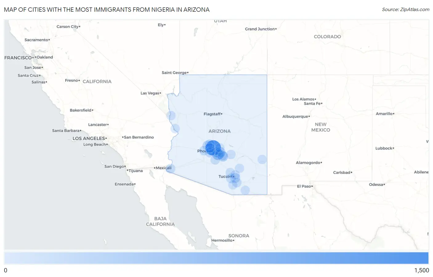 Cities with the Most Immigrants from Nigeria in Arizona Map