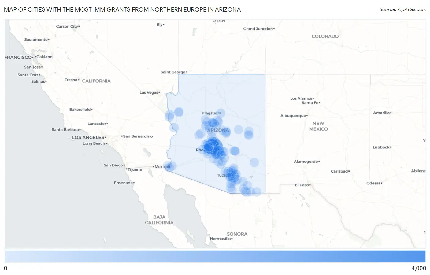 Cities with the Most Immigrants from Northern Europe in Arizona Map
