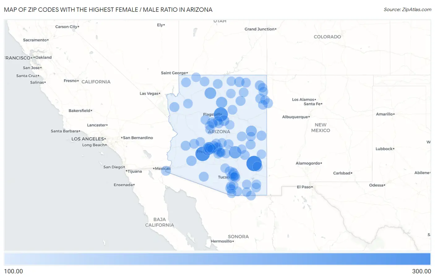 Zip Codes with the Highest Female / Male Ratio in Arizona Map