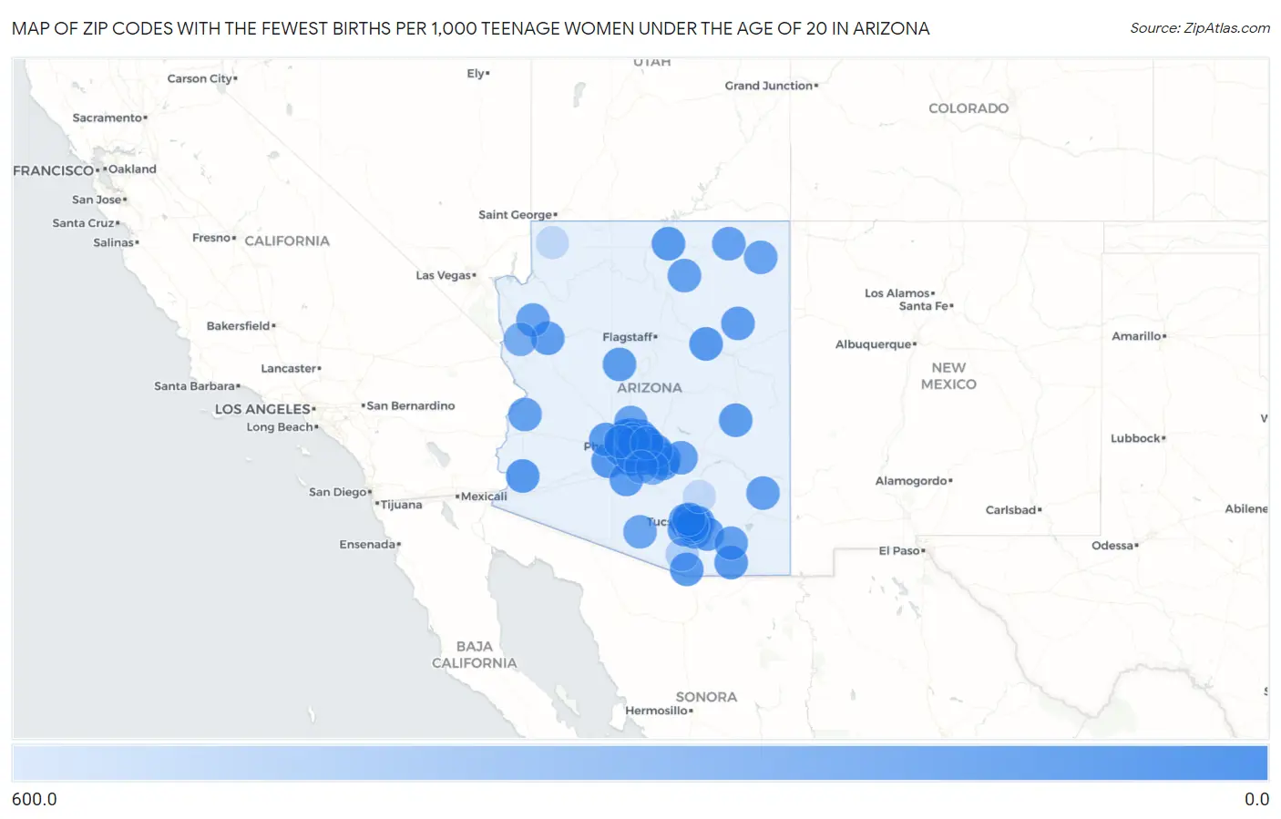 Zip Codes with the Fewest Births per 1,000 Teenage Women Under the Age of 20 in Arizona Map