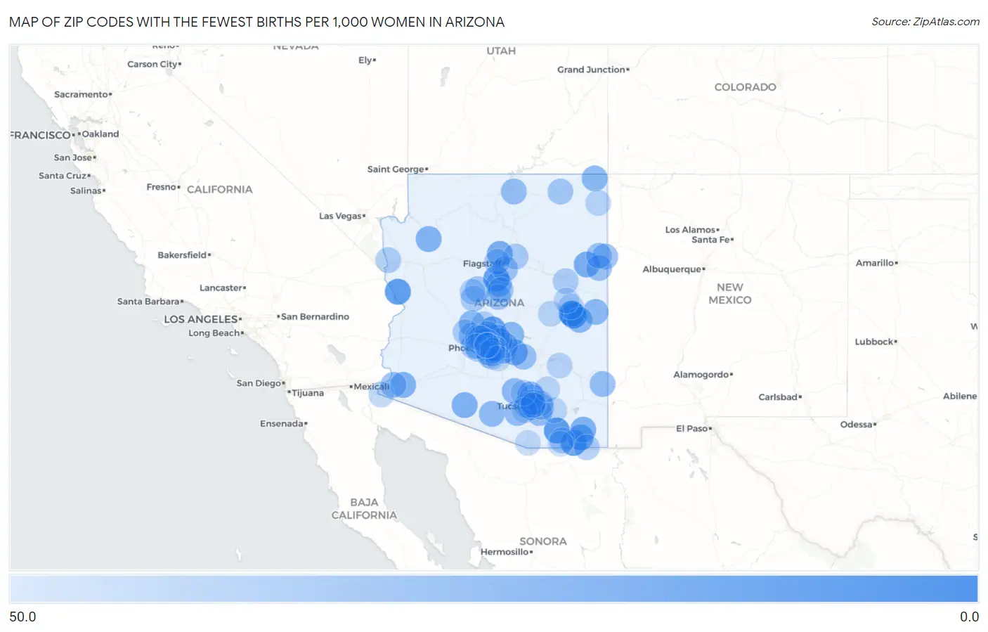 Zip Codes with the Fewest Births per 1,000 Women in Arizona Map
