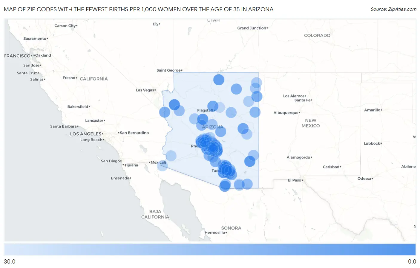 Zip Codes with the Fewest Births per 1,000 Women Over the Age of 35 in Arizona Map