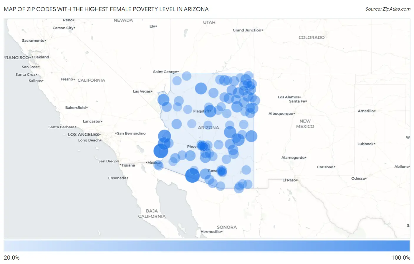 Zip Codes with the Highest Female Poverty Level in Arizona Map