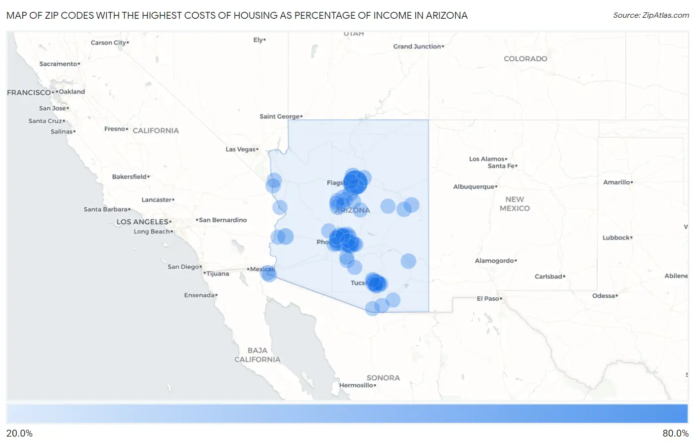 Zip Codes with the Highest Costs of Housing as Percentage of Income in Arizona Map