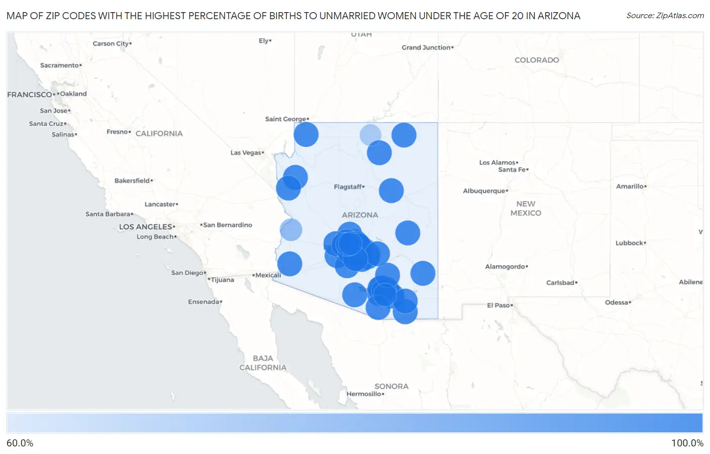 Zip Codes with the Highest Percentage of Births to Unmarried Women under the Age of 20 in Arizona Map