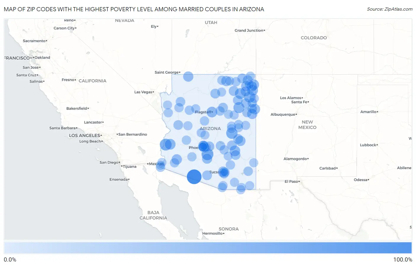Zip Codes with the Highest Poverty Level Among Married Couples in Arizona Map