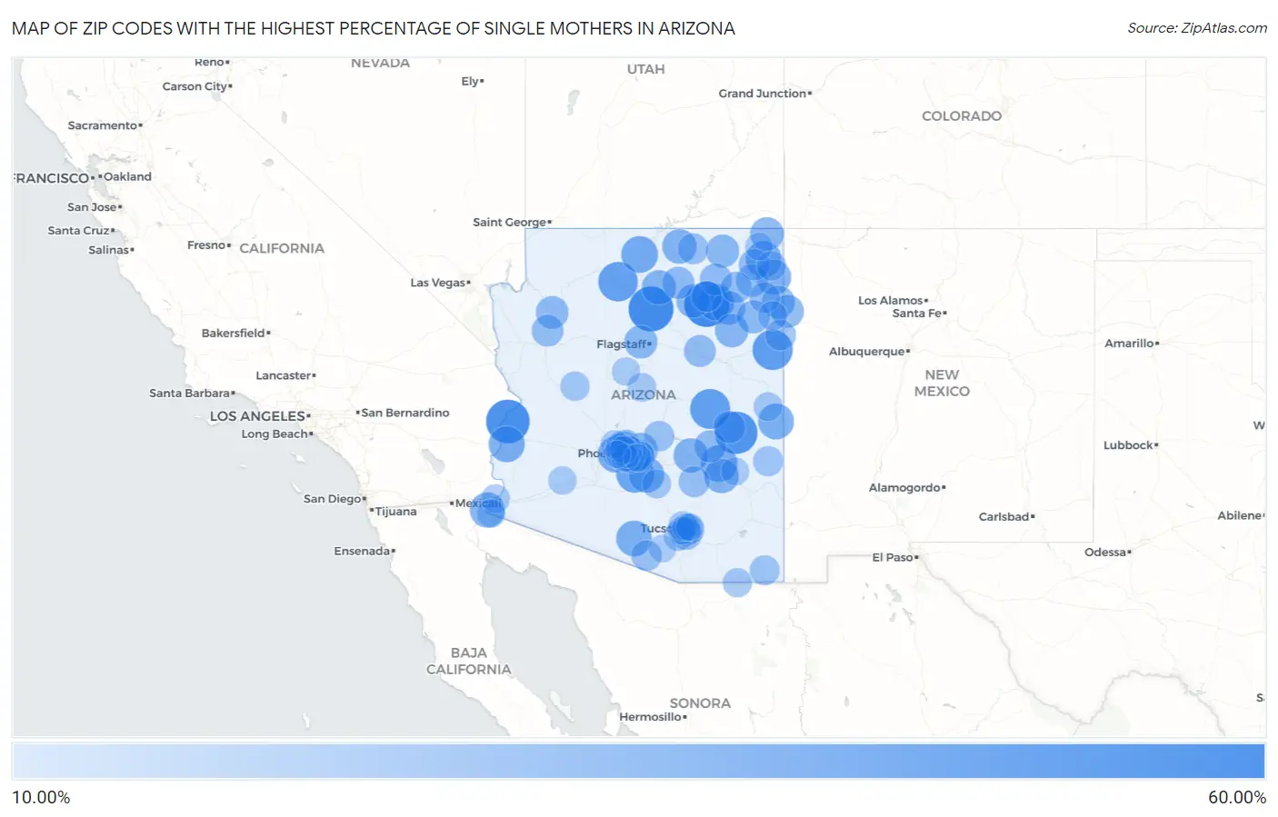 Zip Codes with the Highest Percentage of Single Mothers in Arizona Map