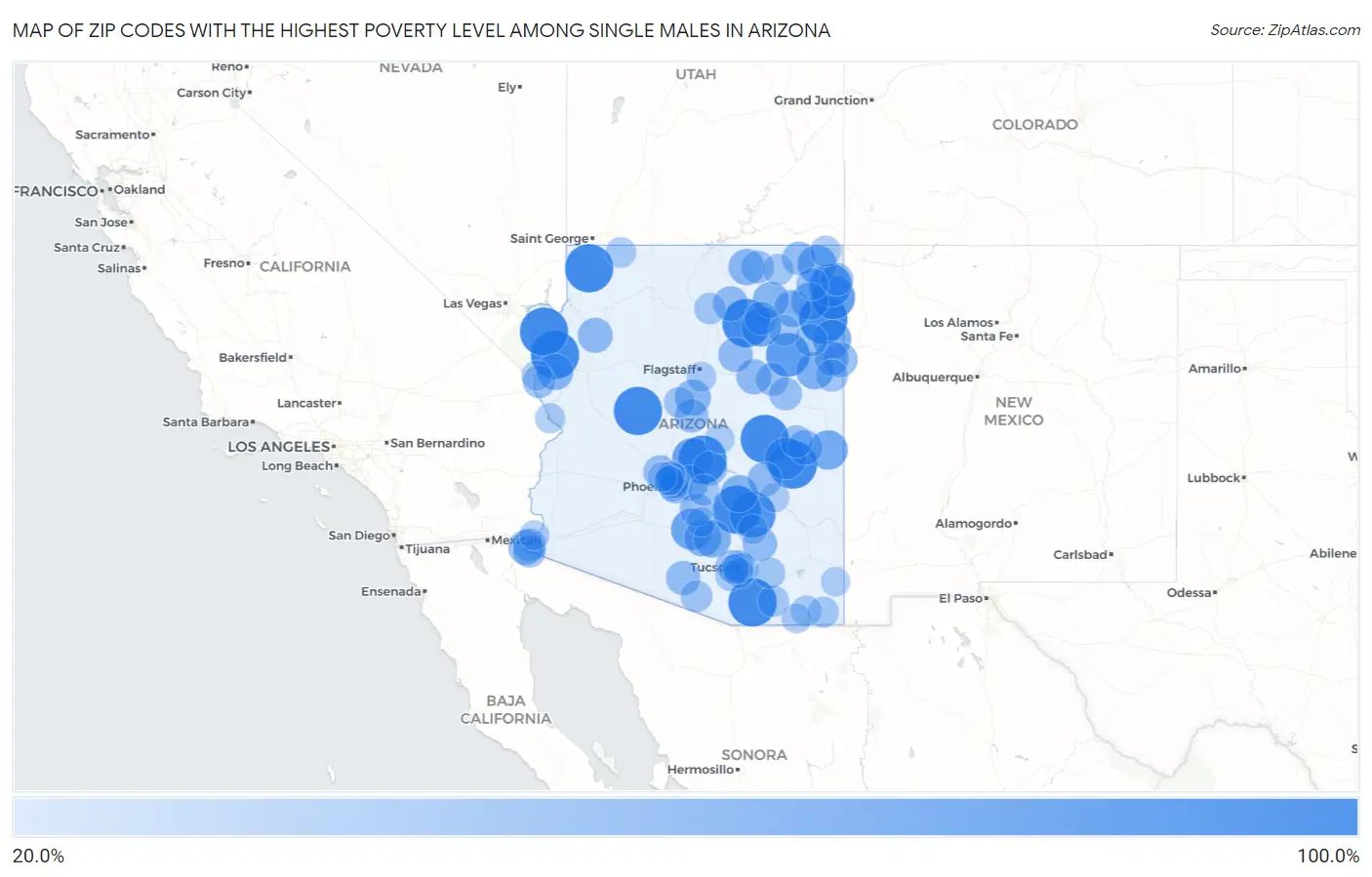 Zip Codes with the Highest Poverty Level Among Single Males in Arizona Map