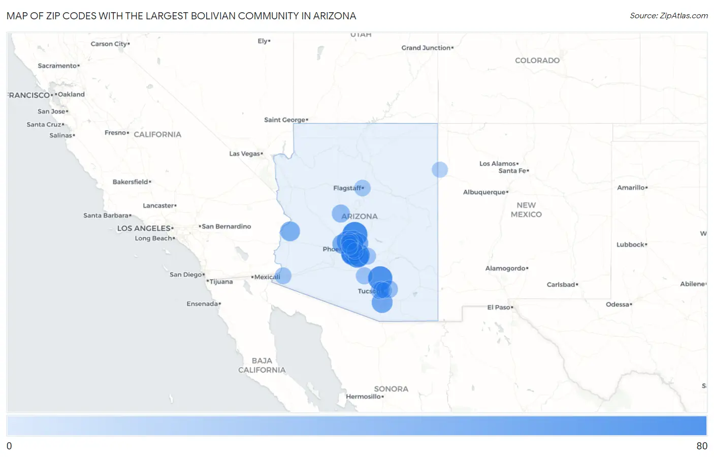 Zip Codes with the Largest Bolivian Community in Arizona Map