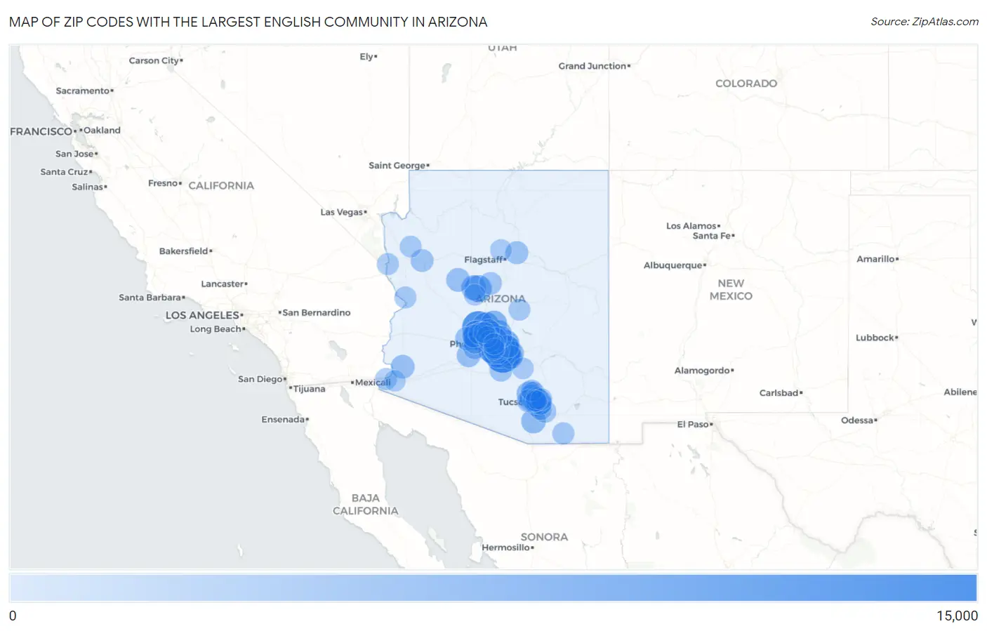 Zip Codes with the Largest English Community in Arizona Map