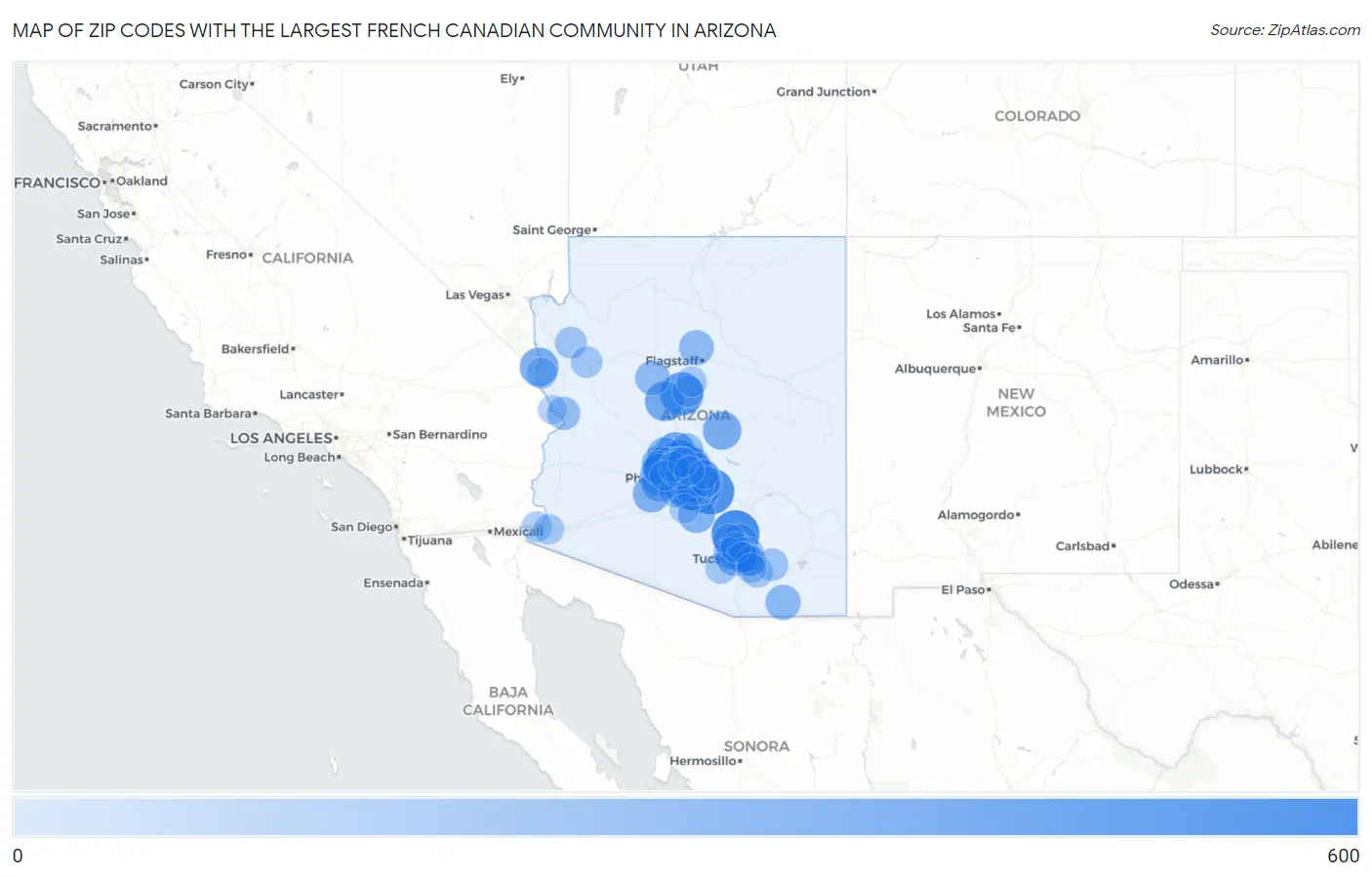 Zip Codes with the Largest French Canadian Community in Arizona Map