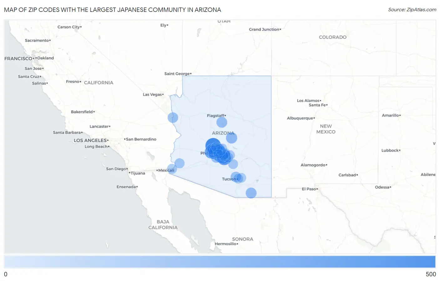 Zip Codes with the Largest Japanese Community in Arizona Map