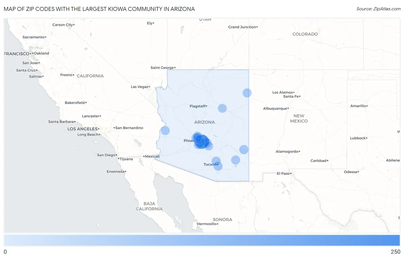 Zip Codes with the Largest Kiowa Community in Arizona Map