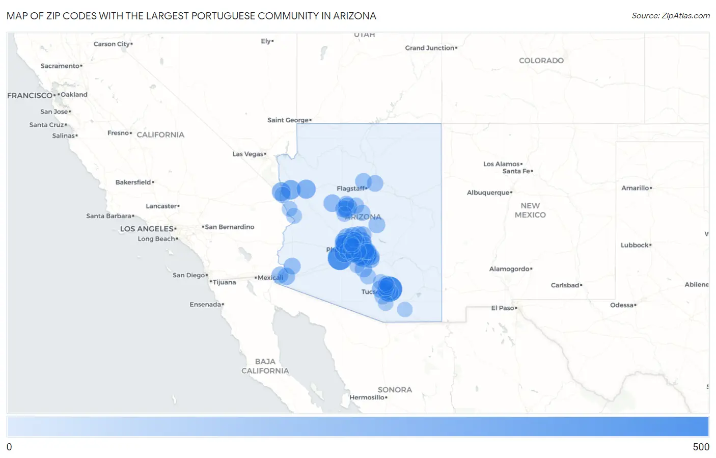 Zip Codes with the Largest Portuguese Community in Arizona Map