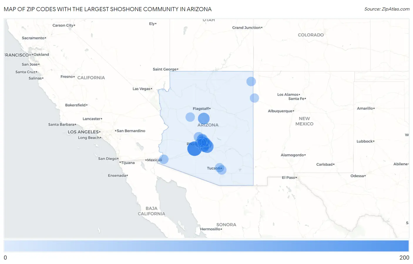 Zip Codes with the Largest Shoshone Community in Arizona Map