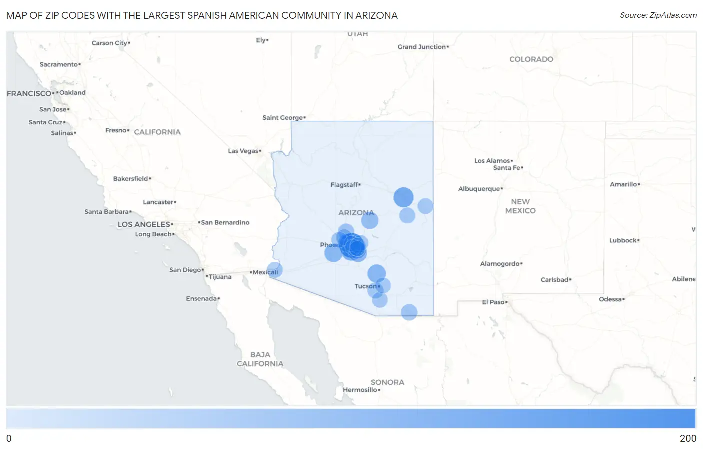 Zip Codes with the Largest Spanish American Community in Arizona Map