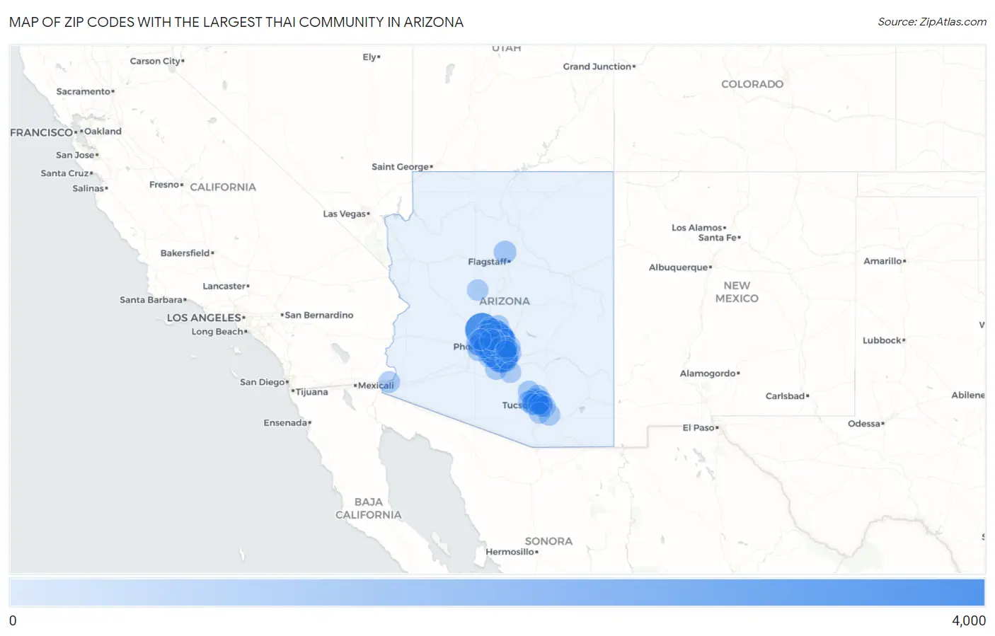 Zip Codes with the Largest Thai Community in Arizona Map