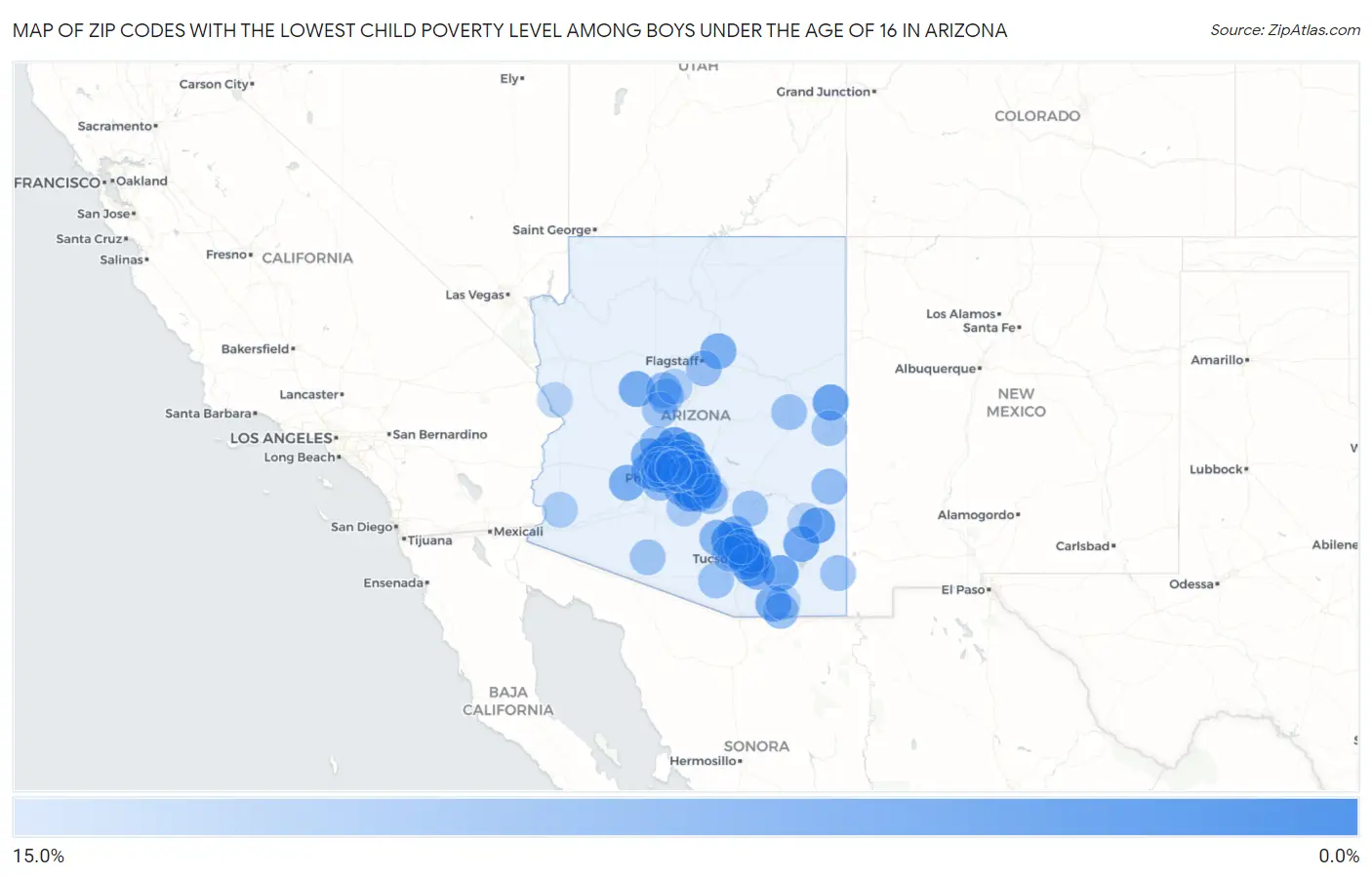 Zip Codes with the Lowest Child Poverty Level Among Boys Under the Age of 16 in Arizona Map
