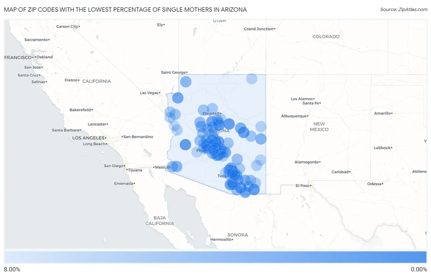 Zip Codes with the Lowest Percentage of Single Mothers in Arizona Map