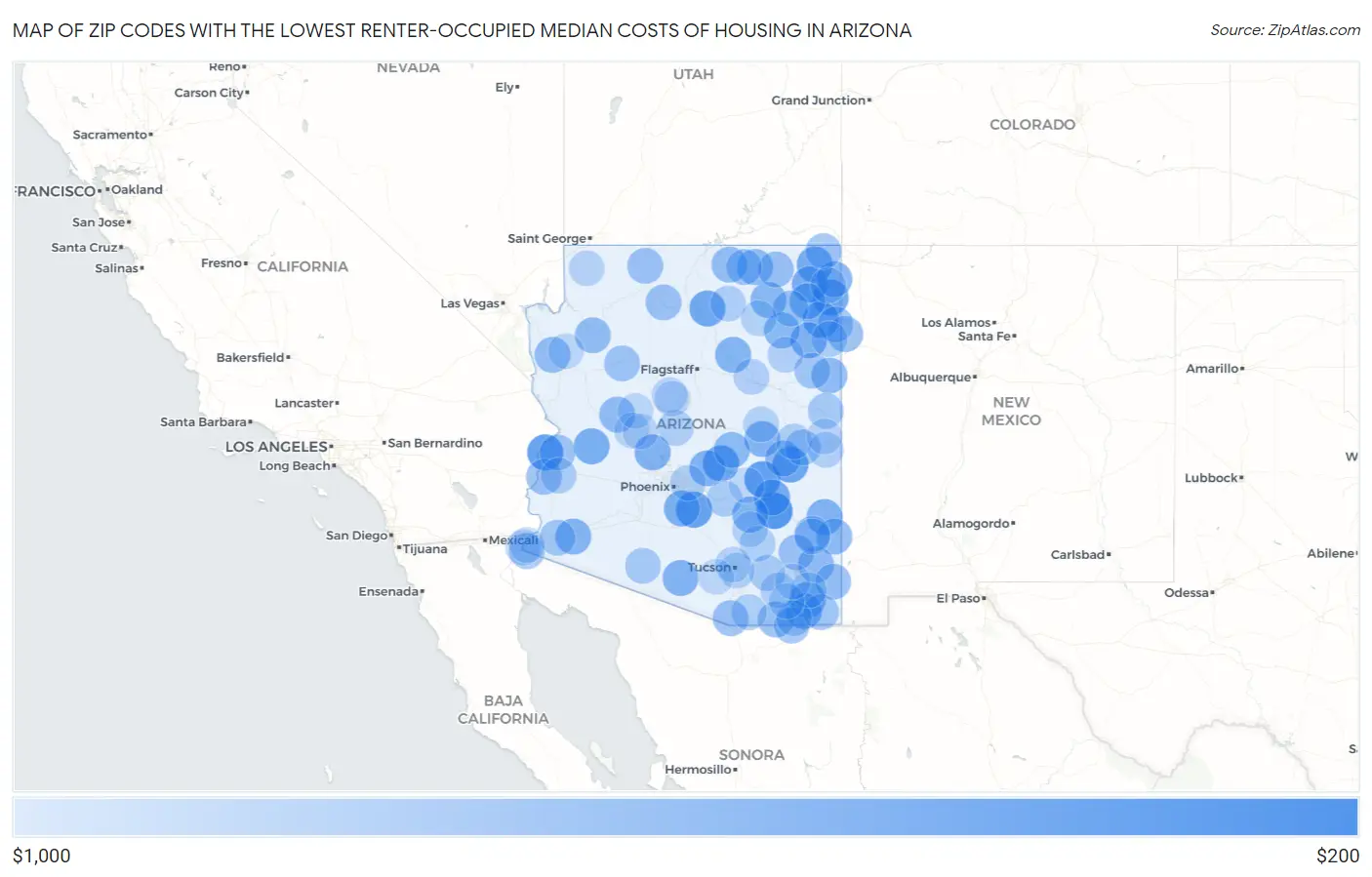 Zip Codes with the Lowest Renter-Occupied Median Costs of Housing in Arizona Map