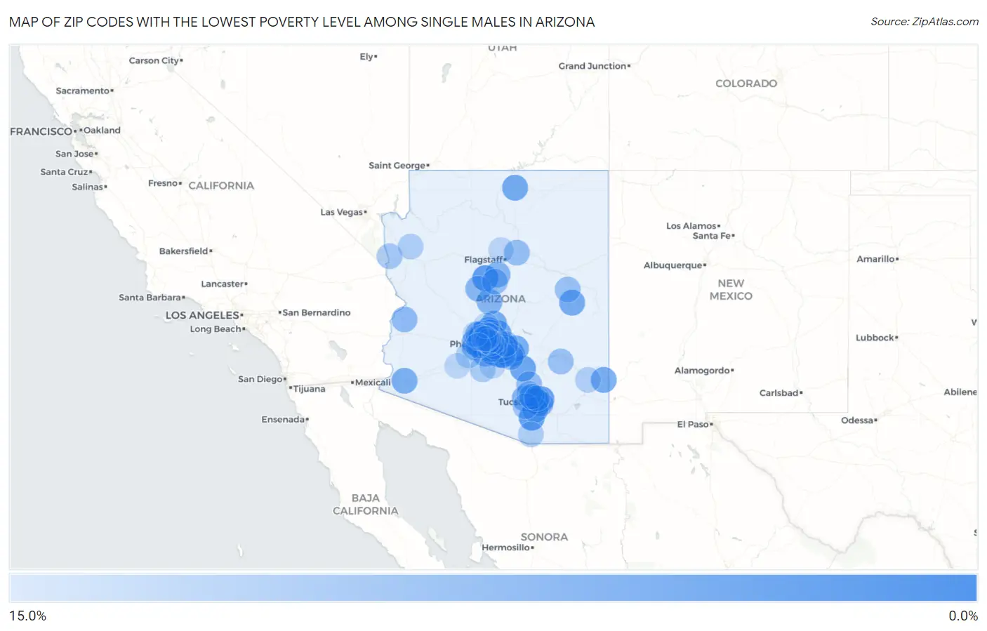 Zip Codes with the Lowest Poverty Level Among Single Males in Arizona Map