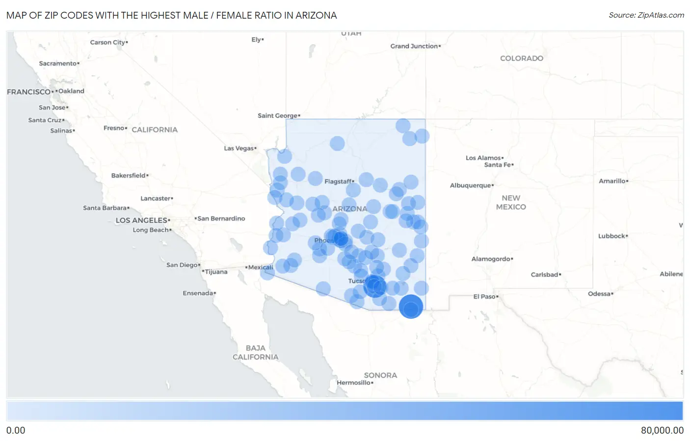 Zip Codes with the Highest Male / Female Ratio in Arizona Map