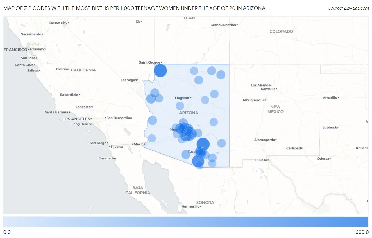 Zip Codes with the Most Births per 1,000 Teenage Women Under the Age of 20 in Arizona Map