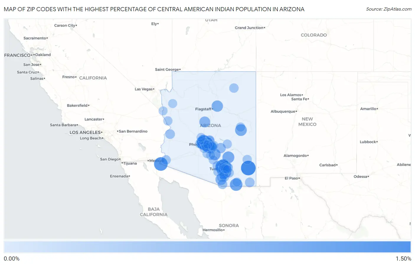 Zip Codes with the Highest Percentage of Central American Indian Population in Arizona Map