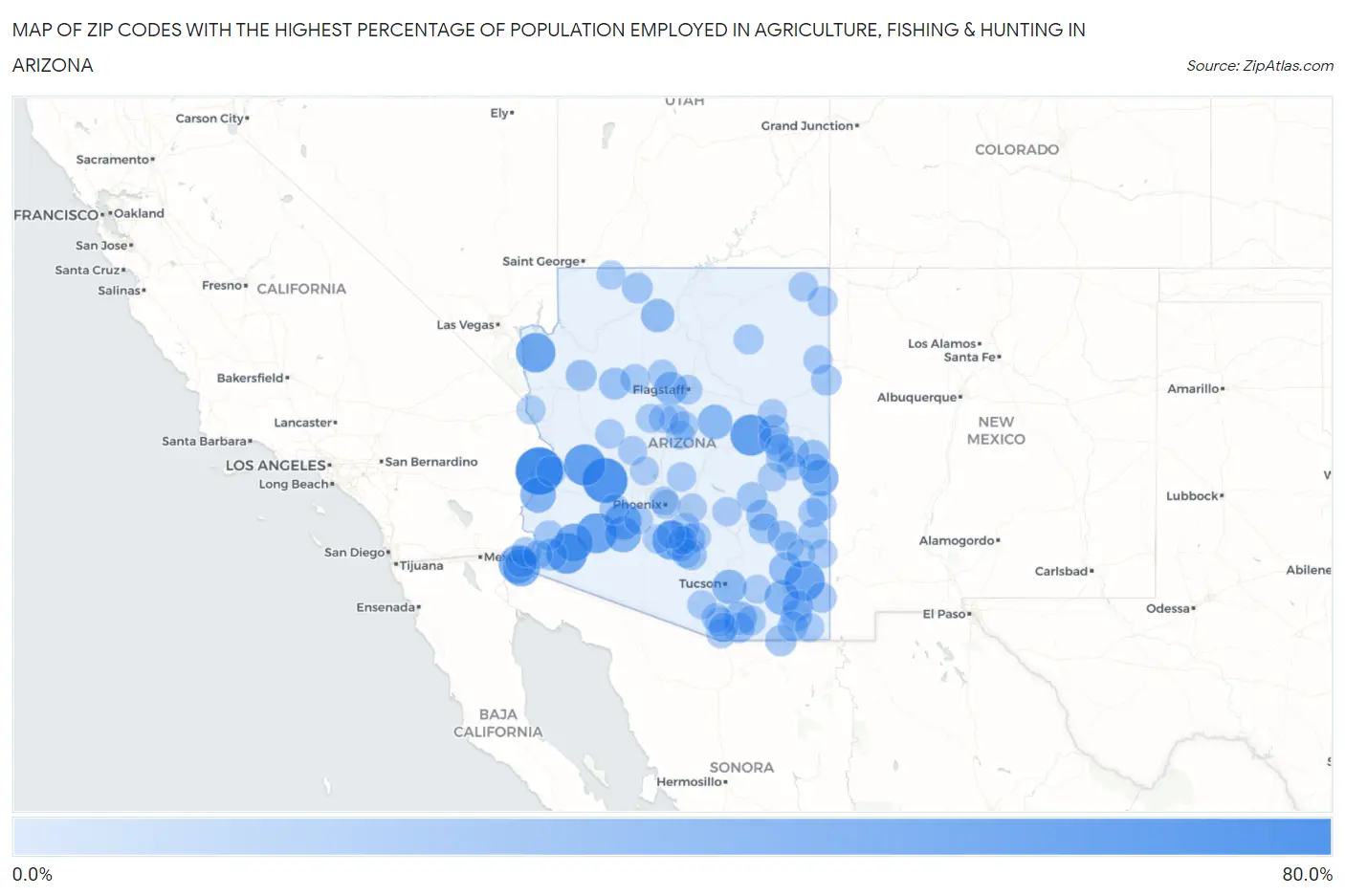 Zip Codes with the Highest Percentage of Population Employed in Agriculture, Fishing & Hunting in Arizona Map