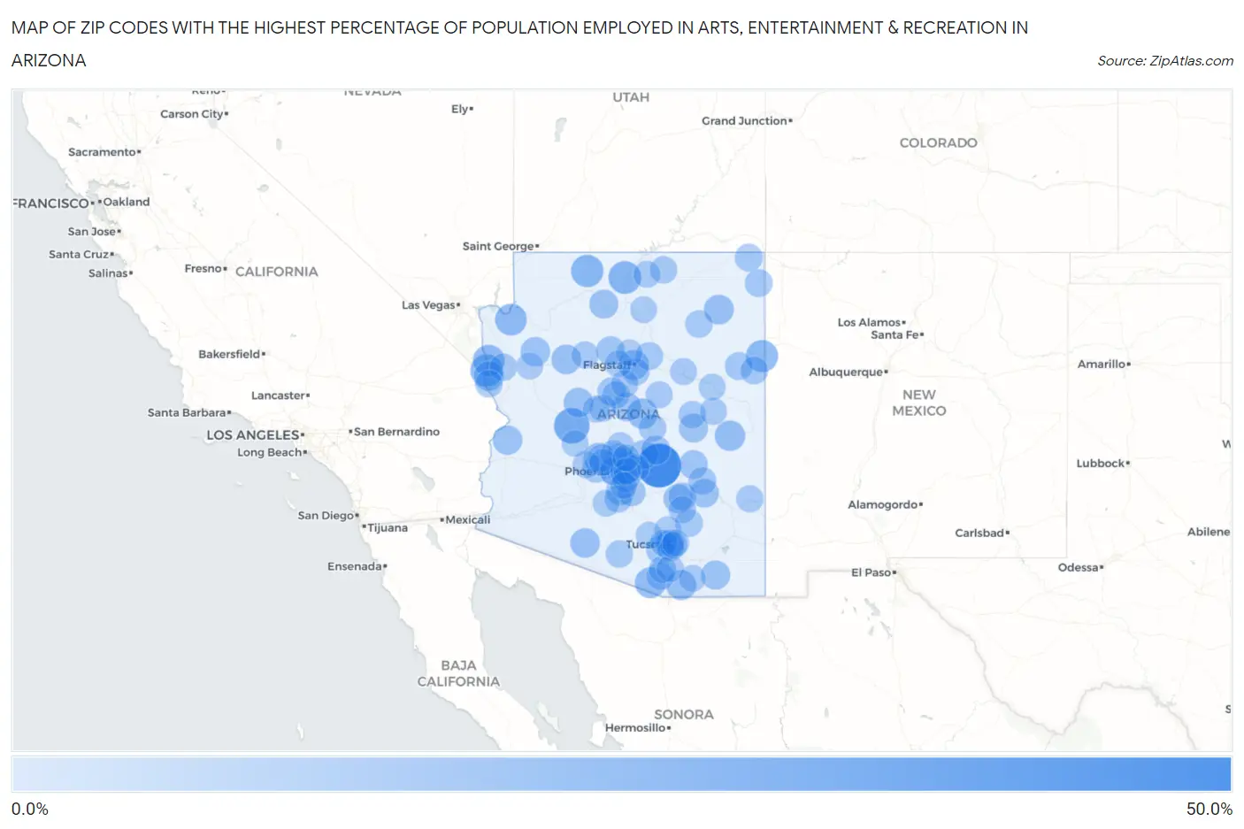 Zip Codes with the Highest Percentage of Population Employed in Arts, Entertainment & Recreation in Arizona Map